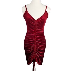 Red Velvet Bodycon Rouched Drawstring Mini Party Dress Medium Sexy Holiday Xmas